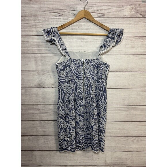 Alice + Olivia 'Honor' Embroidered-Eyelet Cotton Mini-Dress, Chambray  SIZE 4 - Picture 2 of 10